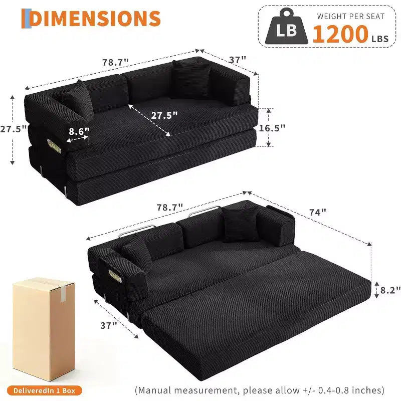Divano Letto Convertibile, Divano Letto Pieghevole 5-in-1 con Struttura Fissa e Braccioli Rimovibili, Divano Futon Modulare in Velluto a Coste per Piccoli Spazi