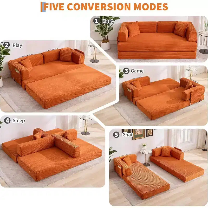 Divano Letto Convertibile, Divano Letto Pieghevole 5-in-1 con Struttura Fissa e Braccioli Rimovibili, Divano Futon Modulare in Velluto a Coste per Piccoli Spazi