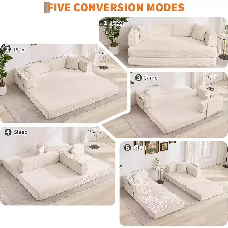Divano Letto Convertibile, Divano Letto Pieghevole 5-in-1 con Struttura Fissa e Braccioli Rimovibili, Divano Futon Modulare in Velluto a Coste per Piccoli Spazi