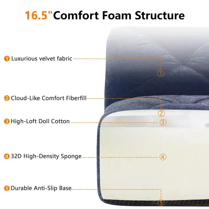 Divano senza struttura Clihome 110 con trapuntatura, tessuto in morbido velluto, divano componibile, spugna ad alta densità 32D, design antiscivolo, design ergonomico della base