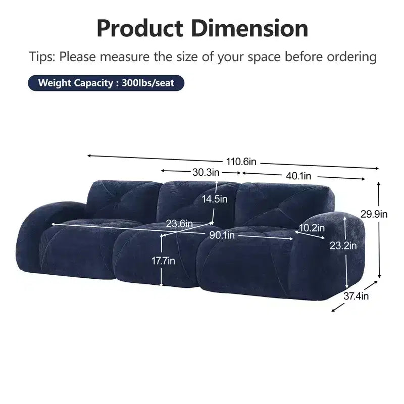 Divano senza struttura Clihome 110 con trapuntatura, tessuto in morbido velluto, divano componibile, spugna ad alta densità 32D, design antiscivolo, design ergonomico della base