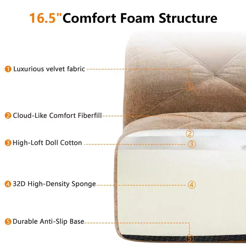 Divano senza struttura Clihome 110 con trapuntatura, tessuto in morbido velluto, divano componibile, spugna ad alta densità 32D, design antiscivolo, design ergonomico della base
