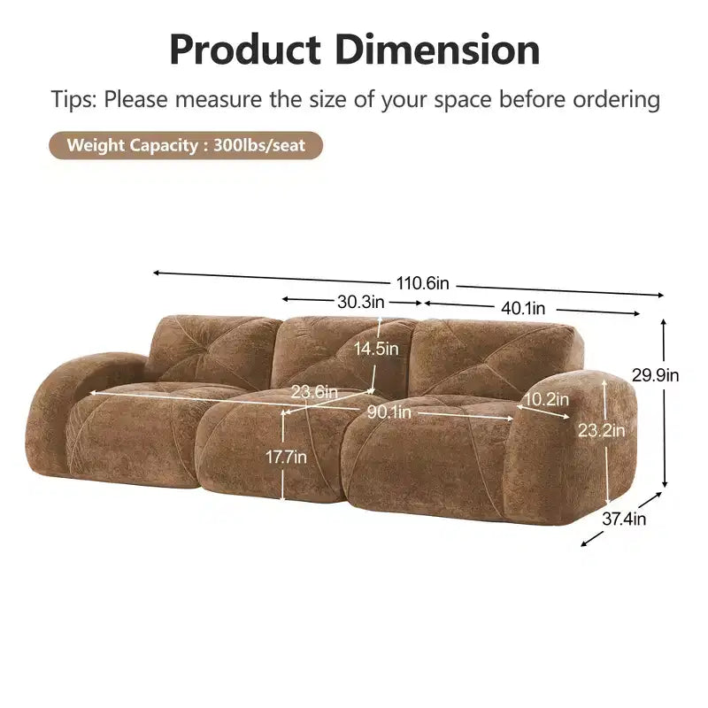 Divano senza struttura Clihome 110 con trapuntatura, tessuto in morbido velluto, divano componibile, spugna ad alta densità 32D, design antiscivolo, design ergonomico della base
