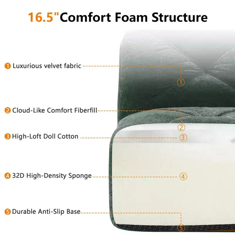 Divano senza struttura Clihome 110 con trapuntatura, tessuto in morbido velluto, divano componibile, spugna ad alta densità 32D, design antiscivolo, design ergonomico della base
