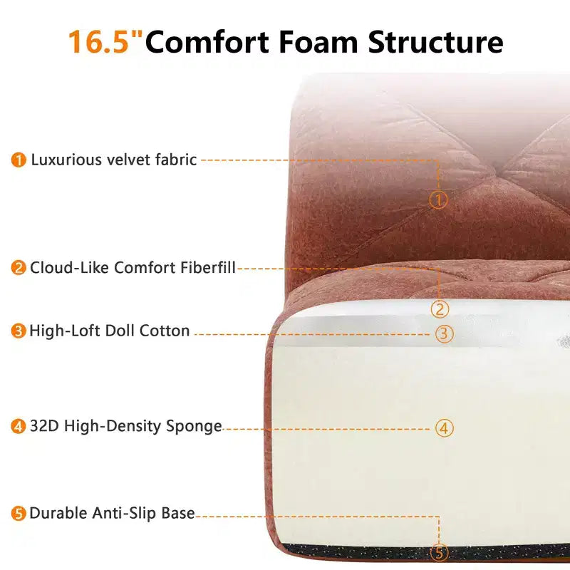 Divano senza struttura Clihome 110 con trapuntatura, tessuto in morbido velluto, divano componibile, spugna ad alta densità 32D, design antiscivolo, design ergonomico della base