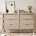 6 Drawer Dresser for Bedroom, Natural Rattan Dresser with Gold Metal Handles, Farmhouse Chest of Drawer with 5 Strong Legs for Living Room, Hallway