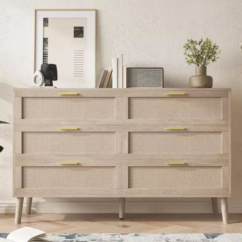 6 Drawer Dresser for Bedroom, Natural Rattan Dresser with Gold Metal Handles, Farmhouse Chest of Drawer with 5 Strong Legs for Living Room, Hallway