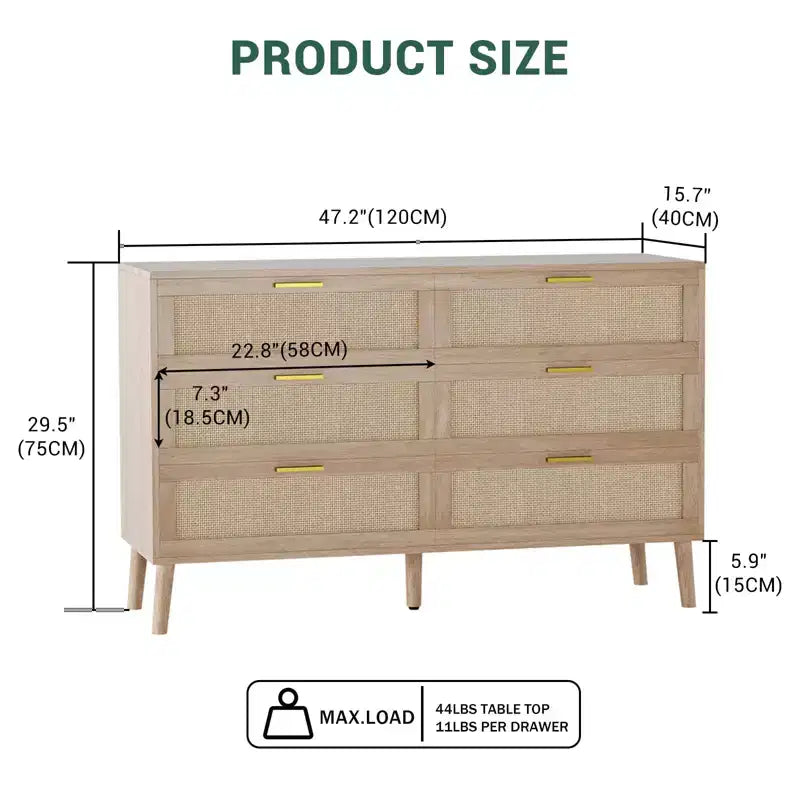 Comò a 6 cassetti per camera da letto, cassettiera in rattan naturale con maniglie in metallo dorato, cassettiera stile rustico con 5 gambe robuste per soggiorno, corridoio
