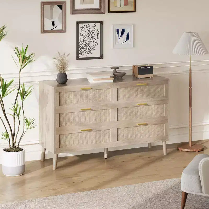 Comò a 6 cassetti per camera da letto, cassettiera in rattan naturale con maniglie in metallo dorato, cassettiera stile rustico con 5 gambe robuste per soggiorno, corridoio