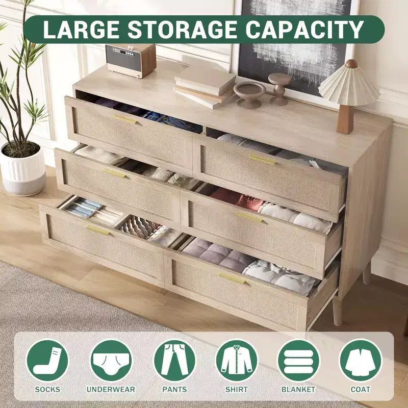 Comò a 6 cassetti per camera da letto, cassettiera in rattan naturale con maniglie in metallo dorato, cassettiera stile rustico con 5 gambe robuste per soggiorno, corridoio
