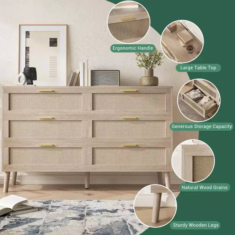 Comò a 6 cassetti per camera da letto, cassettiera in rattan naturale con maniglie in metallo dorato, cassettiera stile rustico con 5 gambe robuste per soggiorno, corridoio