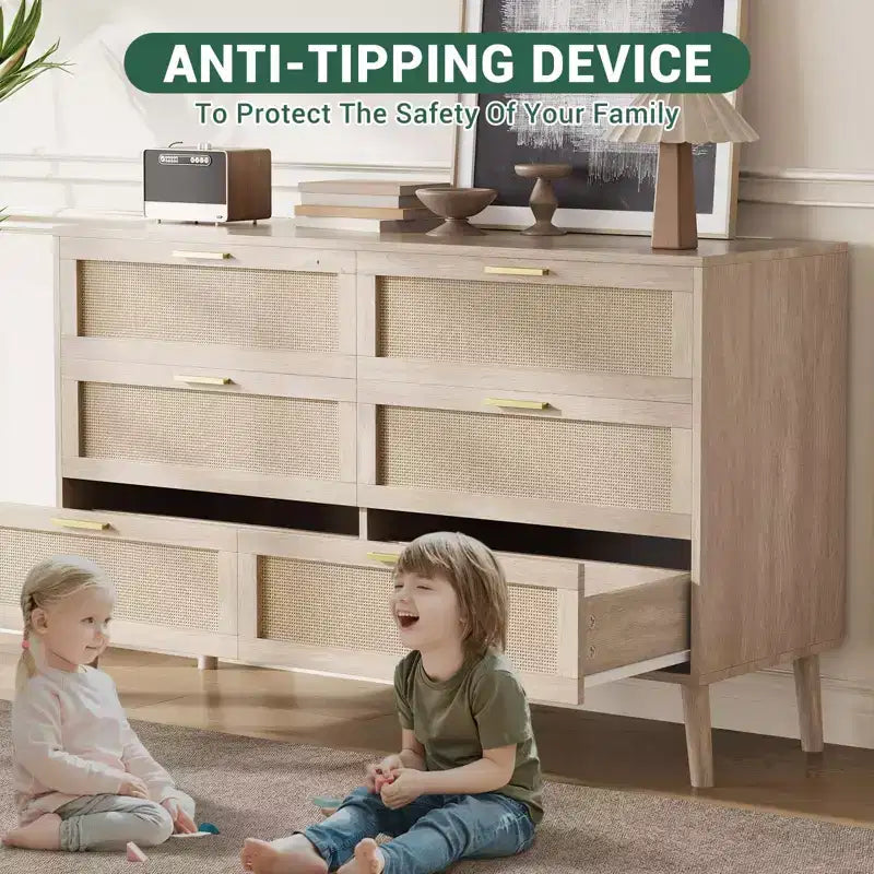 Comò a 6 cassetti per camera da letto, cassettiera in rattan naturale con maniglie in metallo dorato, cassettiera stile rustico con 5 gambe robuste per soggiorno, corridoio