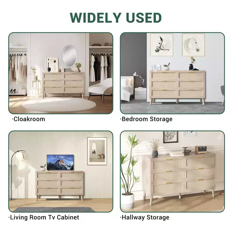 Comò a 6 cassetti per camera da letto, cassettiera in rattan naturale con maniglie in metallo dorato, cassettiera stile rustico con 5 gambe robuste per soggiorno, corridoio