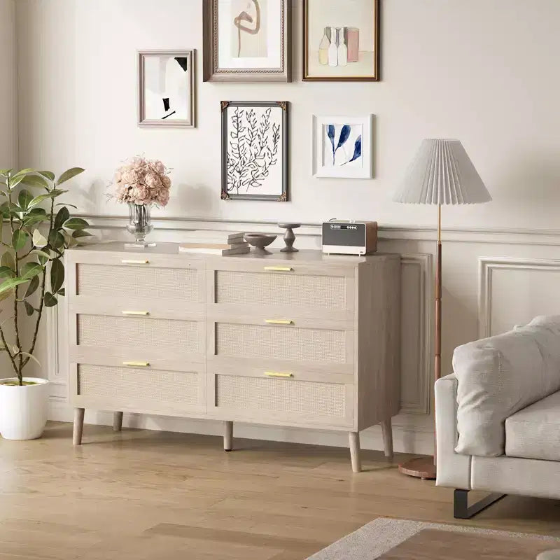 Comò a 6 cassetti per camera da letto, cassettiera in rattan naturale con maniglie in metallo dorato, cassettiera stile rustico con 5 gambe robuste per soggiorno, corridoio