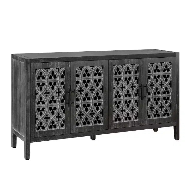 Credenza a buffet da fattoria vintage da 152 cm, Credenza in legno anticato con ante traforate intagliate a vuoto - Panipeachy