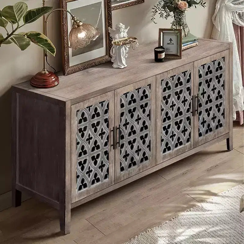 Credenza a buffet da fattoria vintage da 152 cm, Credenza in legno anticato con ante traforate intagliate a vuoto - Panipeachy