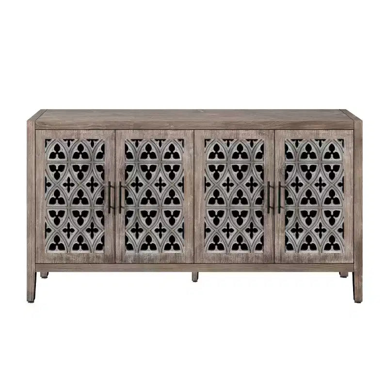 Credenza a buffet da fattoria vintage da 152 cm, Credenza in legno anticato con ante traforate intagliate a vuoto - Panipeachy