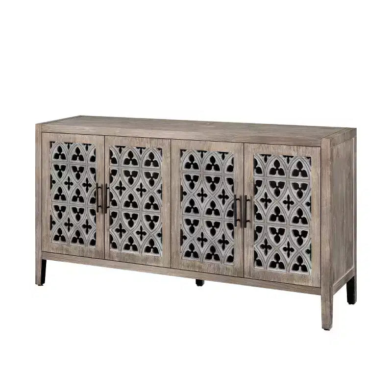 Credenza a buffet da fattoria vintage da 152 cm, Credenza in legno anticato con ante traforate intagliate a vuoto - Panipeachy