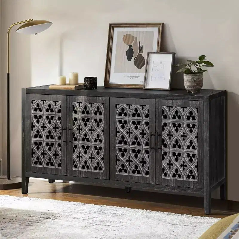 Credenza a buffet da fattoria vintage da 152 cm, Credenza in legno anticato con ante traforate intagliate a vuoto - Panipeachy