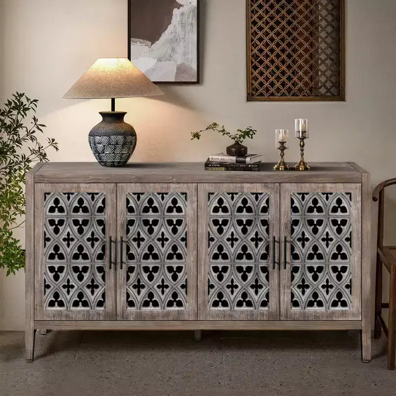 Buffet de salle à manger/crédence de ferme vintage de 152 cm, en bois vieilli avec portes ajourées - Panipeachy