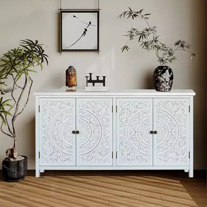 60 White Boho Sideboard Buffet Cabinet, 4-Door Engineered Wood Credenza with Carved Floral Mandala Pattern - Panipeachy