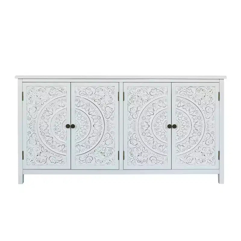 Madia bohémien bianca da 150 cm con buffet, credenza a 4 ante in legno ingegnerizzato con motivo floreale mandala intagliato - Panipeachy