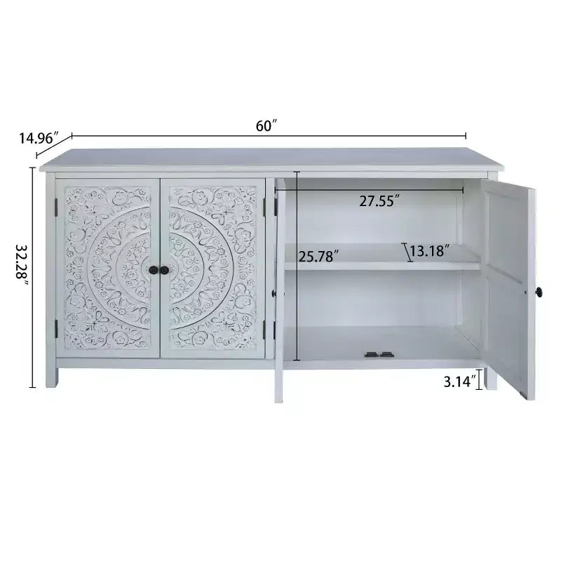 Madia bohémien bianca da 150 cm con buffet, credenza a 4 ante in legno ingegnerizzato con motivo floreale mandala intagliato - Panipeachy