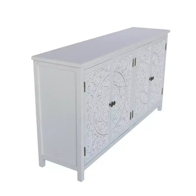 Madia bohémien bianca da 150 cm con buffet, credenza a 4 ante in legno ingegnerizzato con motivo floreale mandala intagliato - Panipeachy
