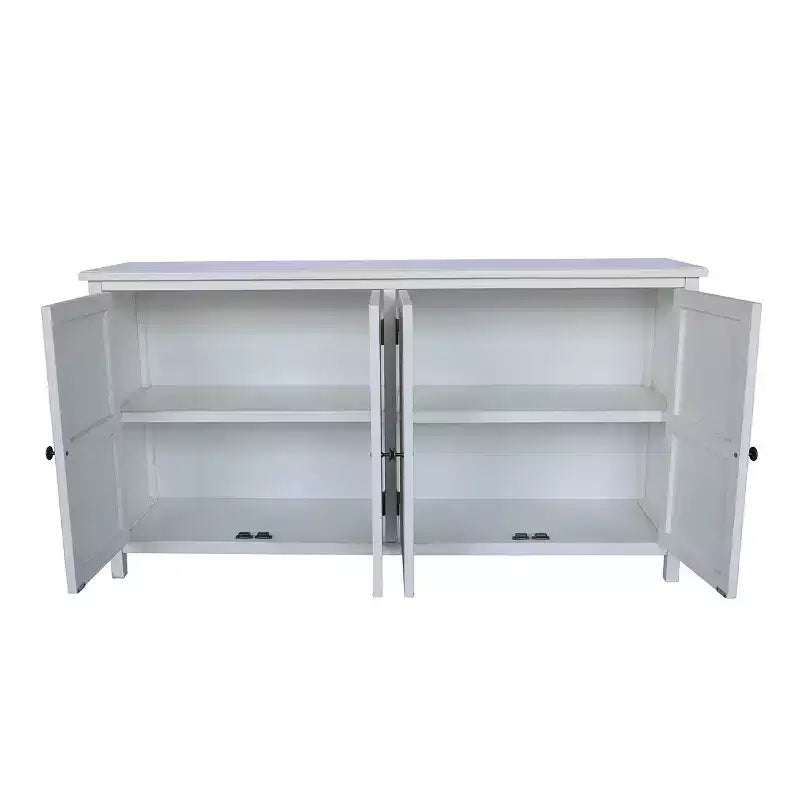 Madia bohémien bianca da 150 cm con buffet, credenza a 4 ante in legno ingegnerizzato con motivo floreale mandala intagliato - Panipeachy