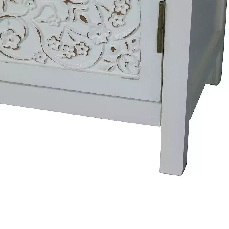 Madia bohémien bianca da 150 cm con buffet, credenza a 4 ante in legno ingegnerizzato con motivo floreale mandala intagliato - Panipeachy