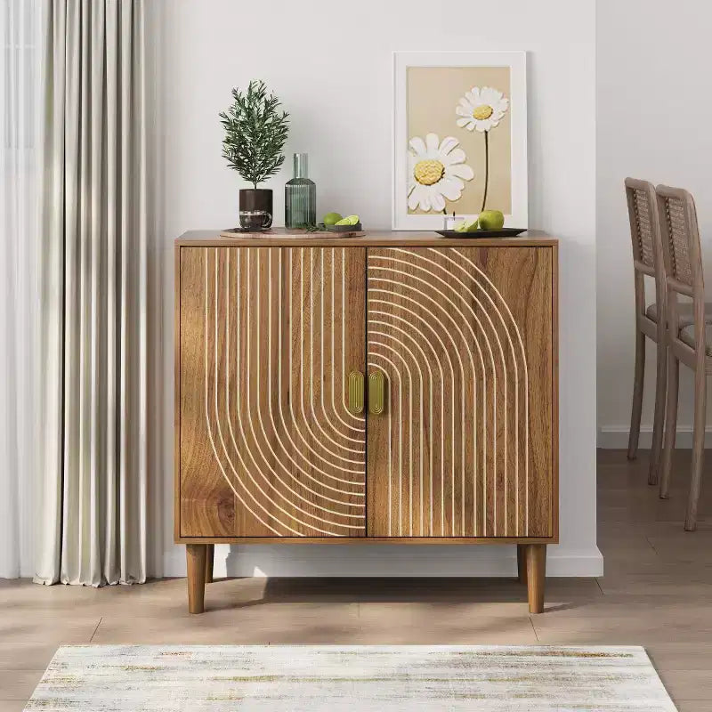 31 Mid-Century Modern Accent Storage Cabinet, Small 2-Door Sideboard with Geometric White Line Design, Solid Wood Legs - Panipeachy