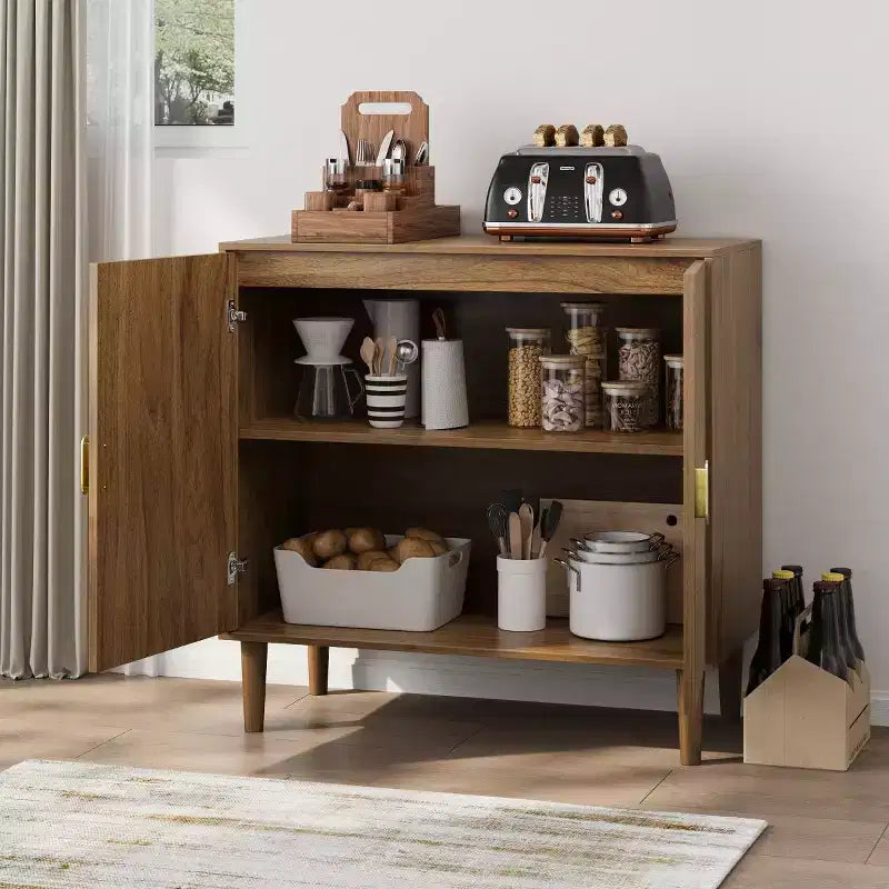 Mobile contenitore d'accento moderno di metà secolo da 31", piccola credenza a 2 ante con design a linee geometriche bianche, gambe in legno massello - Panipeachy