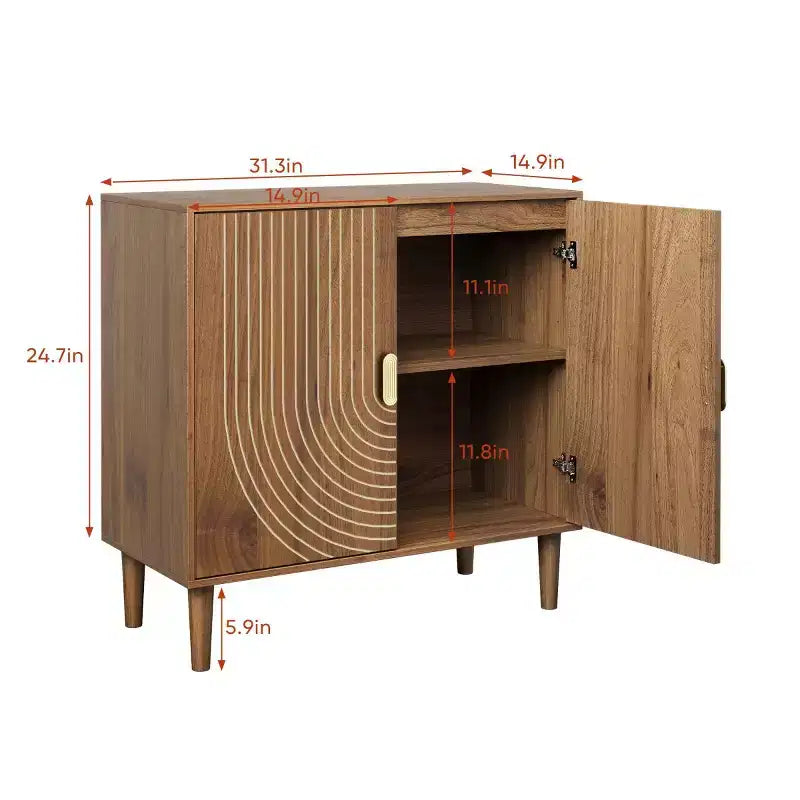 Mobile contenitore d'accento moderno di metà secolo da 31", piccola credenza a 2 ante con design a linee geometriche bianche, gambe in legno massello - Panipeachy