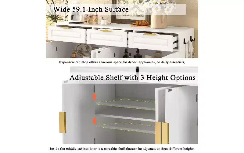 TUYOHW Mobile Dispensa Coloniale con 3 Cassetti e 4 Ante, Credenza Multifunzionale con Ripiano Regolabile, Mobile Dispensa da Cucina
