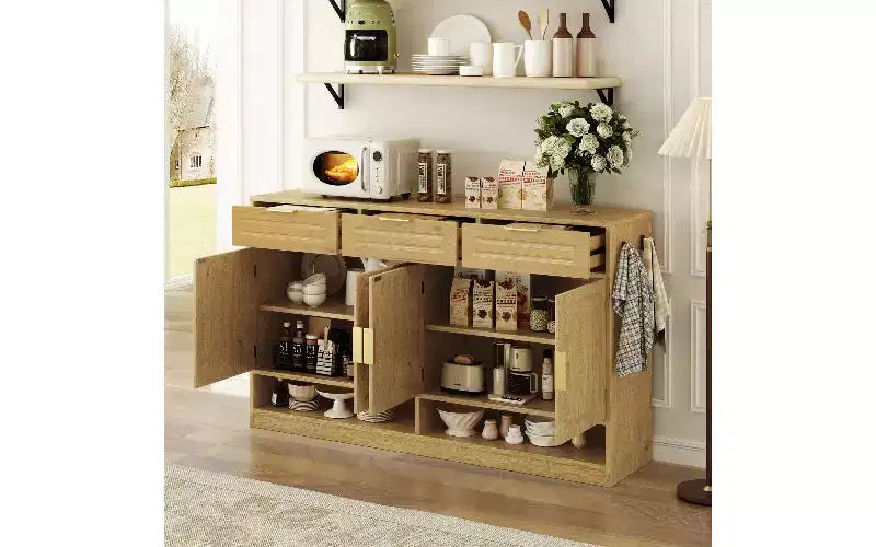 TUYOHW Farmhouse Sideboard Cabinet with 3 Drawers & 4 Doors, Multi-Functional Storage Buffet Cabinet with Adjustable Shelf, Kitchen Pantry Cabinet