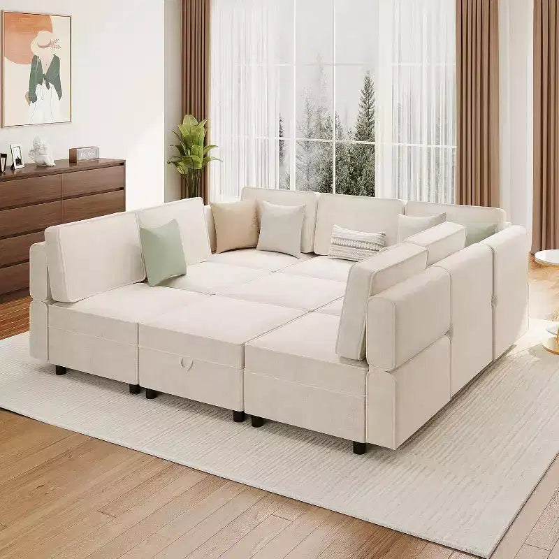 Divano componibile a L Acekool a 9 posti, con pouf contenitore, trasformabile in letto, per soggiorno, camera da letto, beige