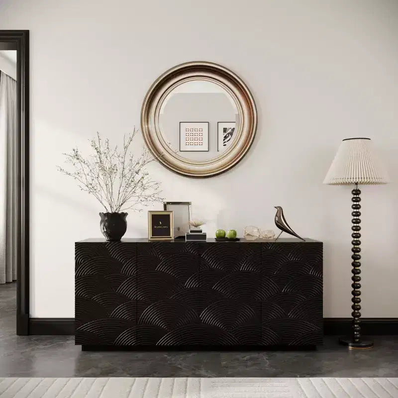 60 Modern Black Sideboard Buffet Cabinet & TV Stand, Low Profile Media Console with Textured Scalloped Doors - Panipeachy