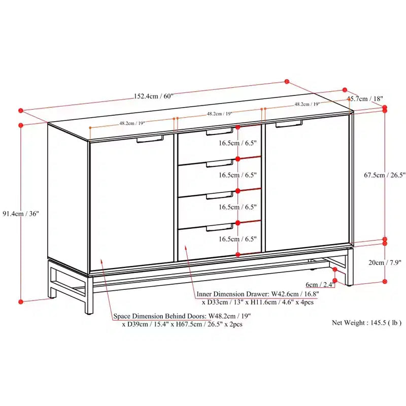Devlin e Metal Credenza Industriale Rettangolare Larga 60 Pollici con Cassetti Centrali in Impiallacciatura di Rovere