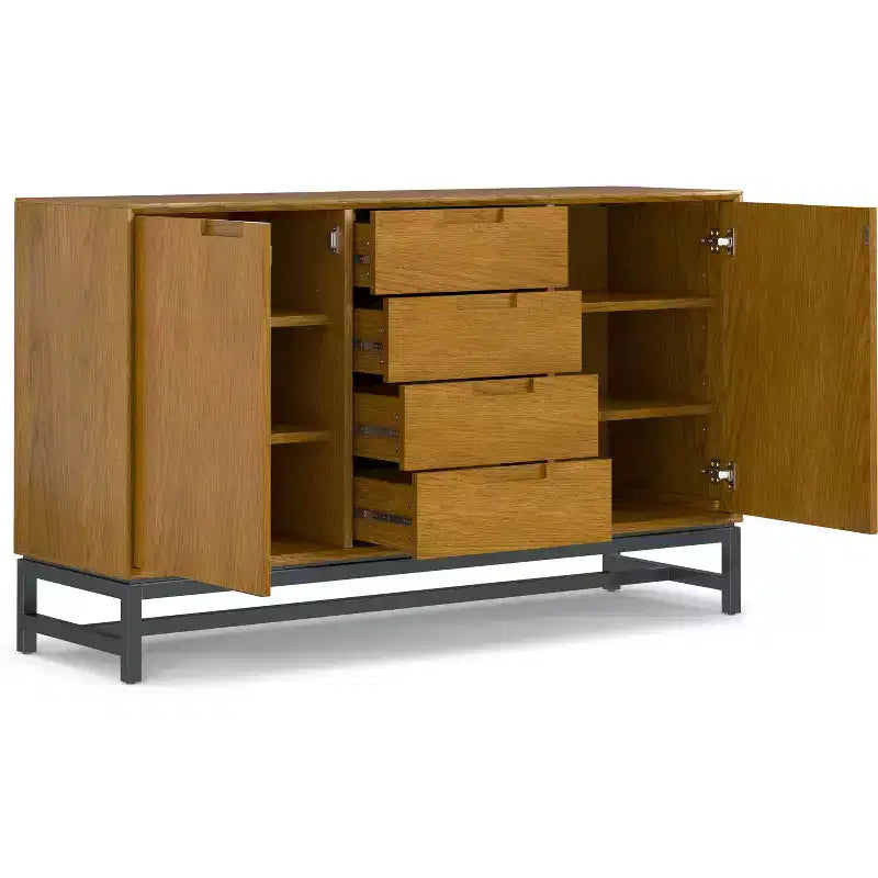 Devlin e Metal Credenza Industriale Rettangolare Larga 60 Pollici con Cassetti Centrali in Impiallacciatura di Rovere