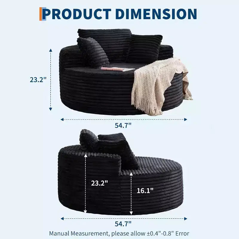 Chauffeuse ronde, canapé d'intérieur surdimensionné en velours côtelé de 140x140 cm, canapé nuage sans structure avec 4 oreillers, siège profond pour la maison ou le bureau