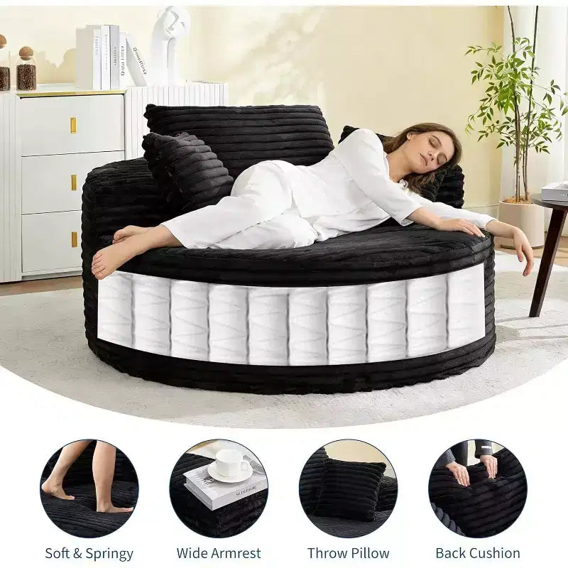 Chauffeuse ronde, canapé d'intérieur surdimensionné en velours côtelé de 140x140 cm, canapé nuage sans structure avec 4 oreillers, siège profond pour la maison ou le bureau