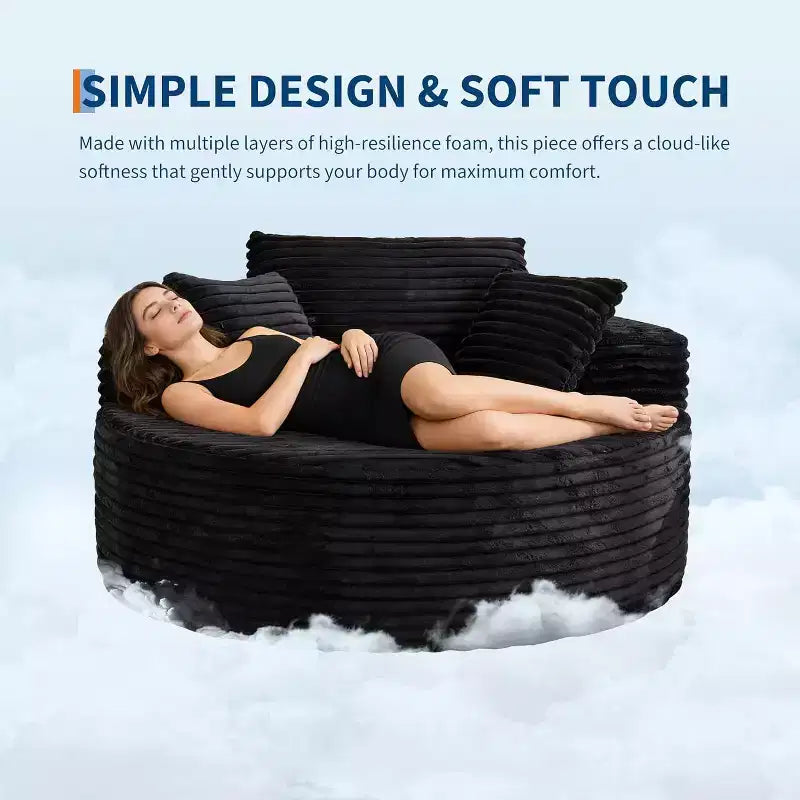 Chauffeuse ronde, canapé d'intérieur surdimensionné en velours côtelé de 140x140 cm, canapé nuage sans structure avec 4 oreillers, siège profond pour la maison ou le bureau