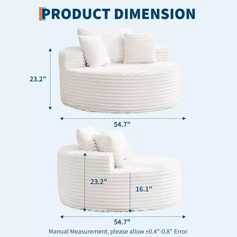 Chauffeuse ronde, canapé d'intérieur surdimensionné en velours côtelé de 140x140 cm, canapé nuage sans structure avec 4 oreillers, siège profond pour la maison ou le bureau