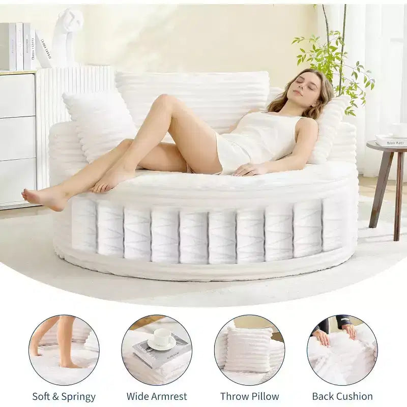 Poltrona a sdraio rotonda, divano a nuvola boneless moderno in velluto a coste oversize da interno 140 x 140 cm, divano singolo con 4 cuscini e seduta profonda per ufficio domestico