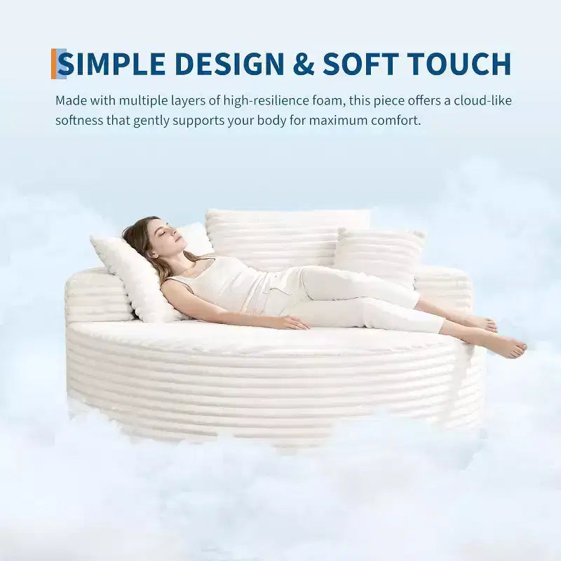 Chauffeuse ronde, canapé d'intérieur surdimensionné en velours côtelé de 140x140 cm, canapé nuage sans structure avec 4 oreillers, siège profond pour la maison ou le bureau