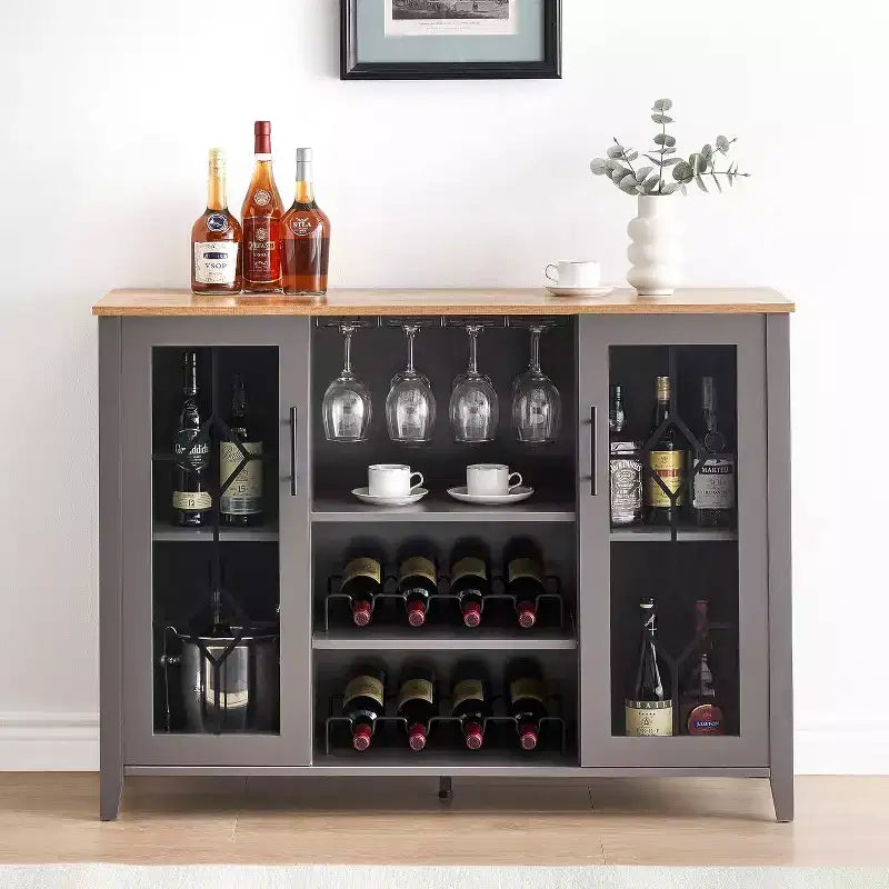 Mobile Bar con Vetrina, Credenza da Bar con Portabottiglie, Tavolo con Contenitore, Madia da Liquore con Ripiani Regolabili per Soggiorno