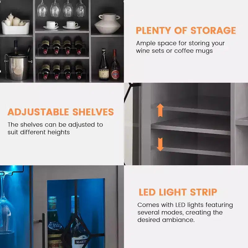 Mobile Bar con Vetrina, Credenza da Bar con Portabottiglie, Tavolo con Contenitore, Madia da Liquore con Ripiani Regolabili per Soggiorno