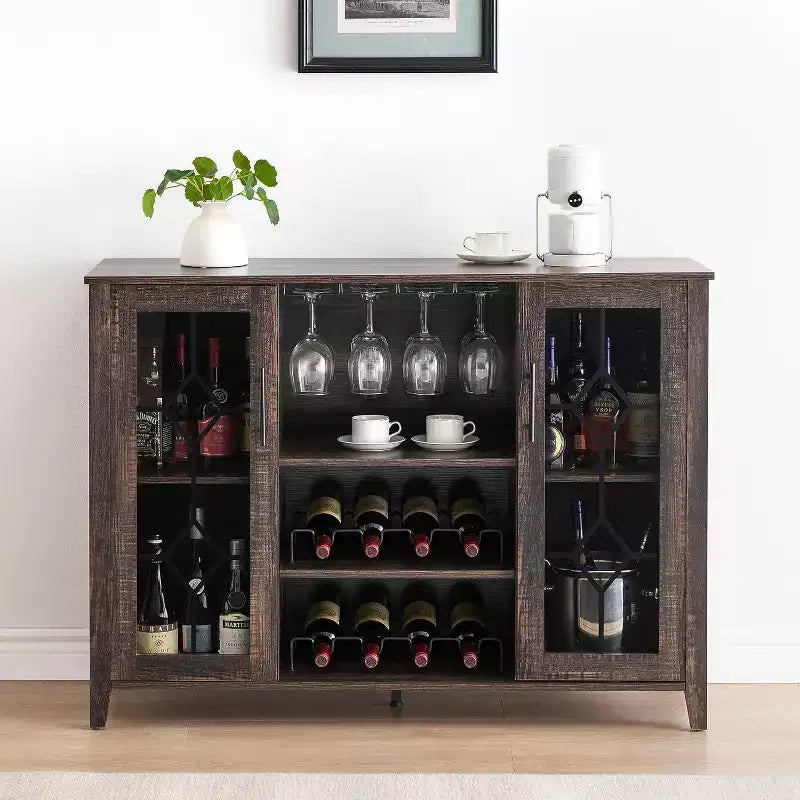 Mobile Bar con Vetrina, Credenza da Bar con Portabottiglie, Tavolo con Contenitore, Madia da Liquore con Ripiani Regolabili per Soggiorno