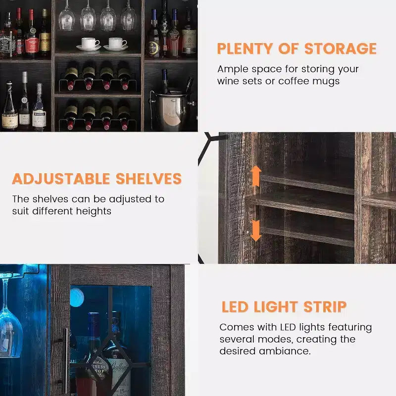 Mobile Bar con Vetrina, Credenza da Bar con Portabottiglie, Tavolo con Contenitore, Madia da Liquore con Ripiani Regolabili per Soggiorno