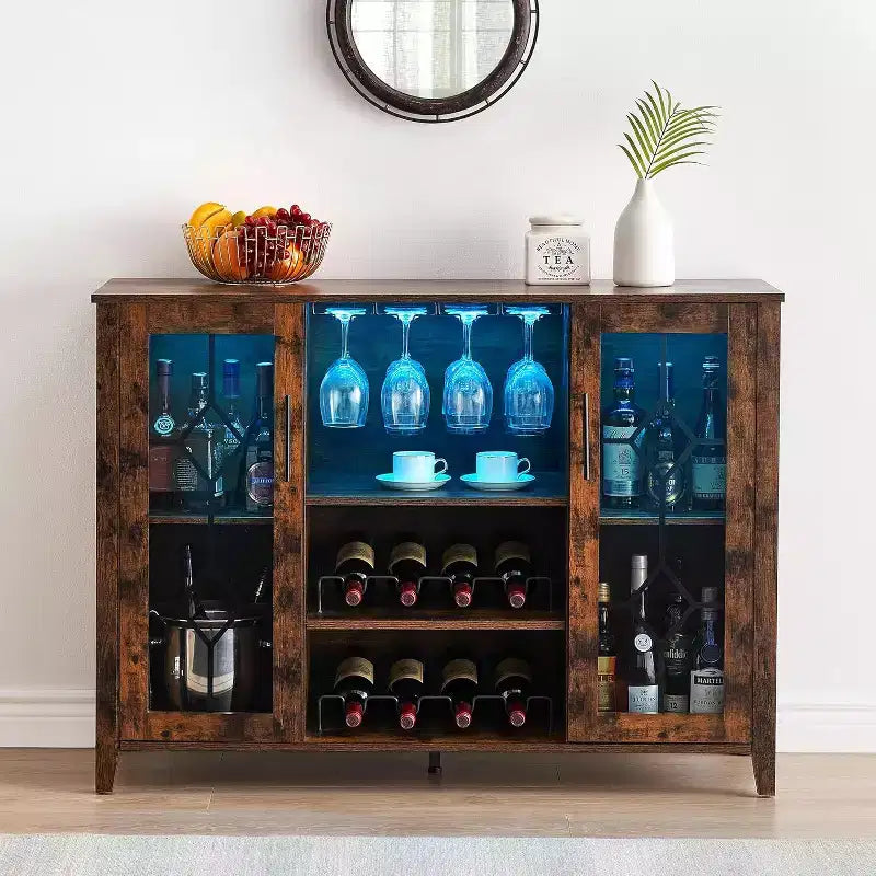 Mobile Bar con Vetrina, Credenza da Bar con Portabottiglie, Tavolo con Contenitore, Madia da Liquore con Ripiani Regolabili per Soggiorno